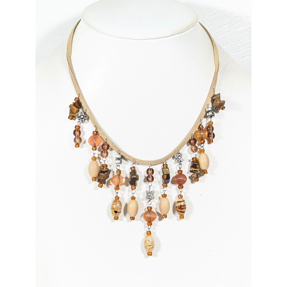 Brown Beaded‎ Charm Statement Bib Necklace Faux Leather Cord Coastal Boho 19"